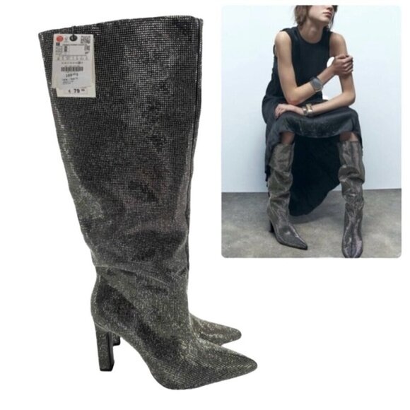Zara - Women's Rhinestone Sparkly Tall Heeled Boots -Silver/Black. Size:10 (US). - Picture 1 of 16